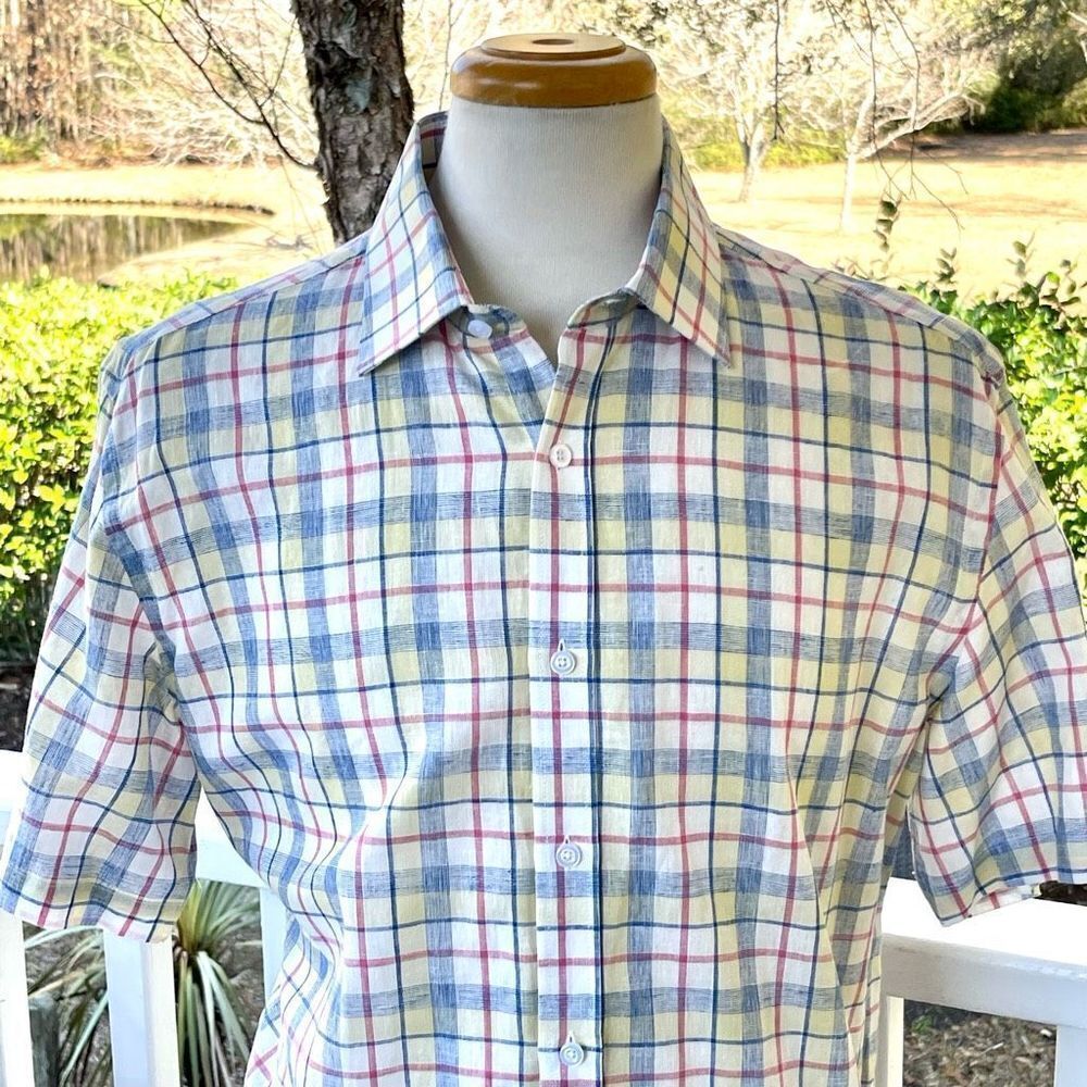 Charleston Threads Linen Plaid Short Sleeve Shirt. Size Large.